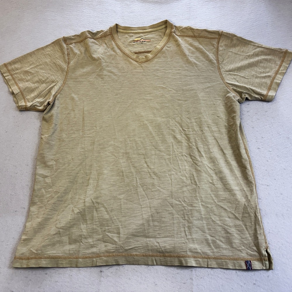 Orvis T-Shirt Mens XL Tan Khaki V-Neck Slub Cotton Contrast Stitch Casual Sporty